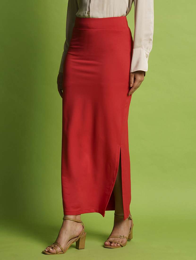 globus women red high-rise stretchable elasticated waistband knitted side slit maxi pencil skirt - 21366565 -  Standard Image - 1