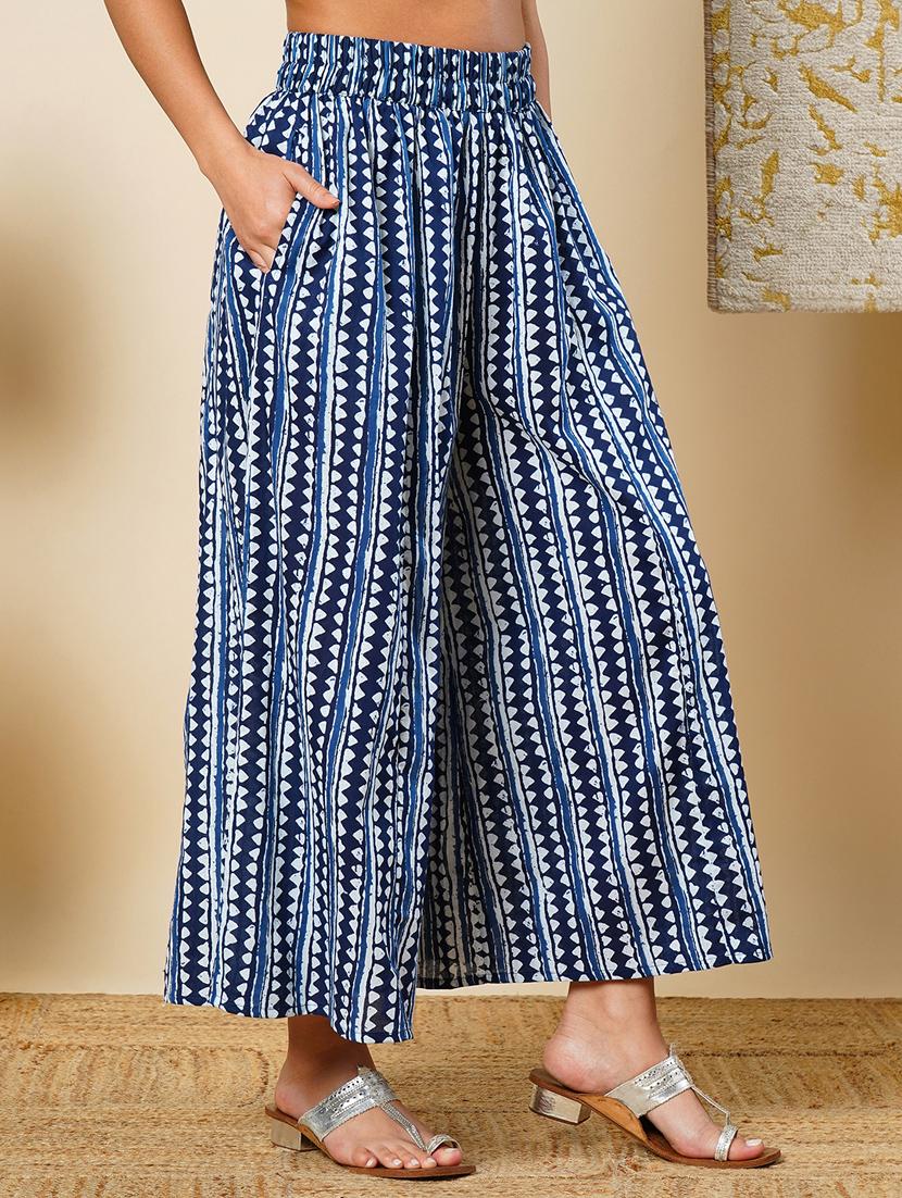 globus women indigo geometric border printed elasticated waistband flared ethnic palazzos - 21366566 - Standard Image - 1