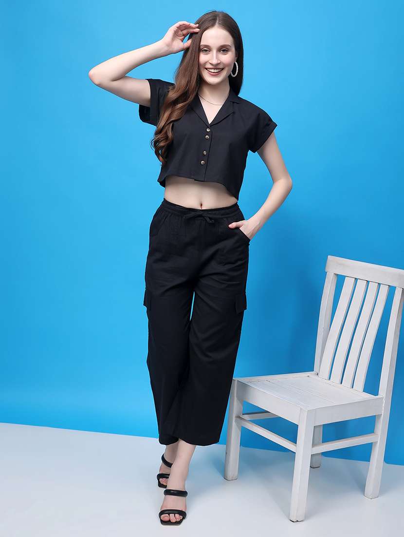 women solid shirt and trouser co-ord set