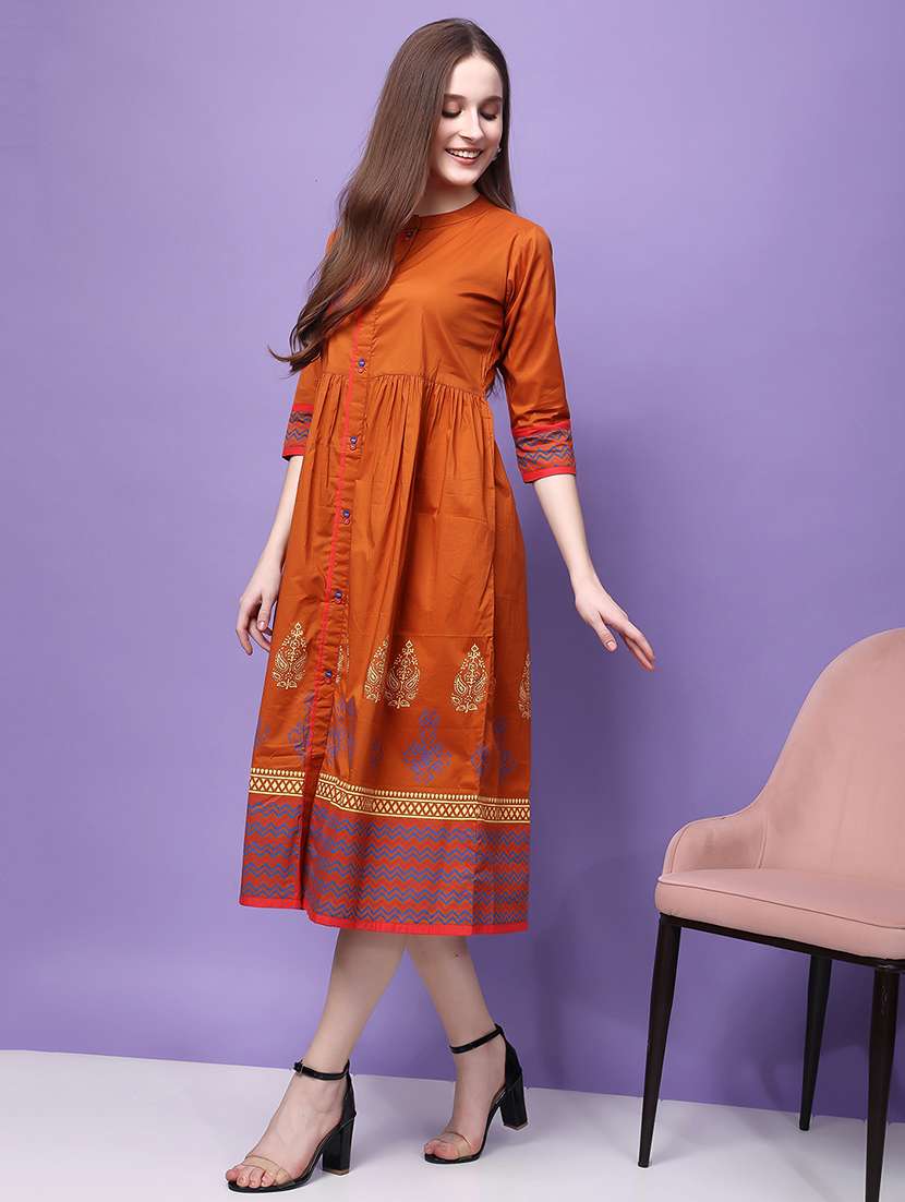 rust printed cotton a-line ethnic dress - 21366591 -  Standard Image - 1