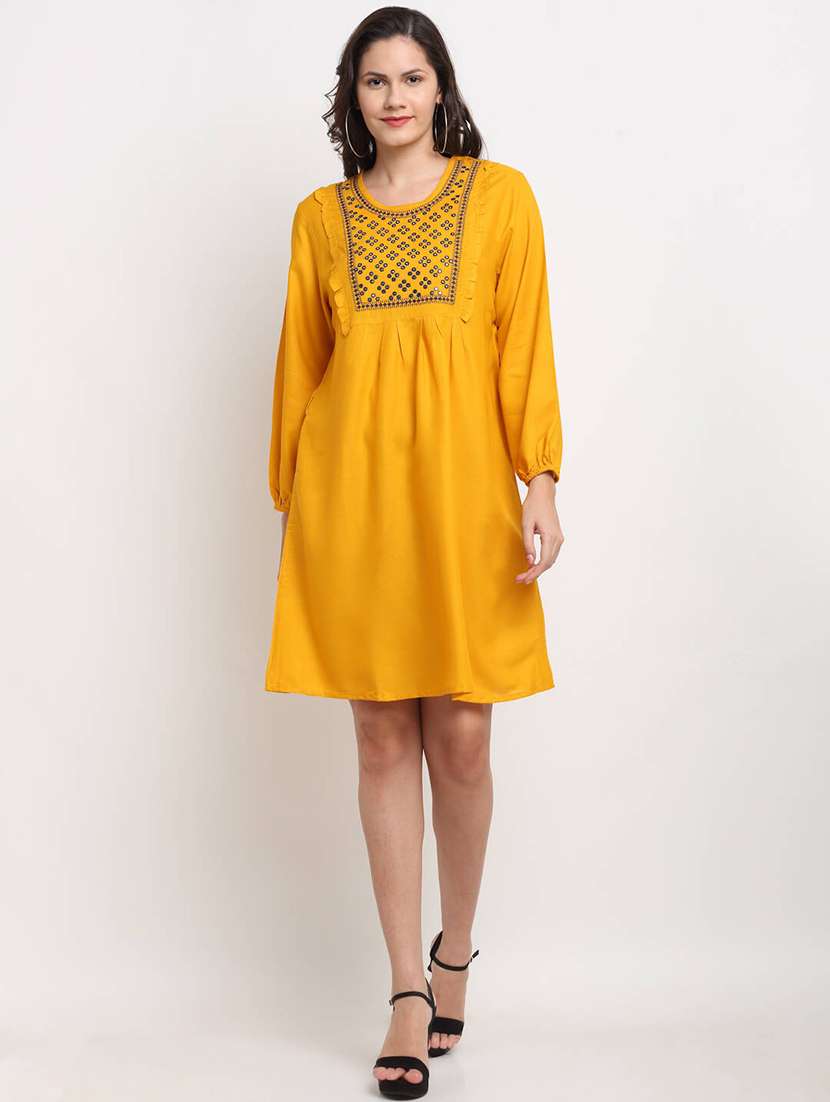 yoke embroidered a-line dress with mirror work