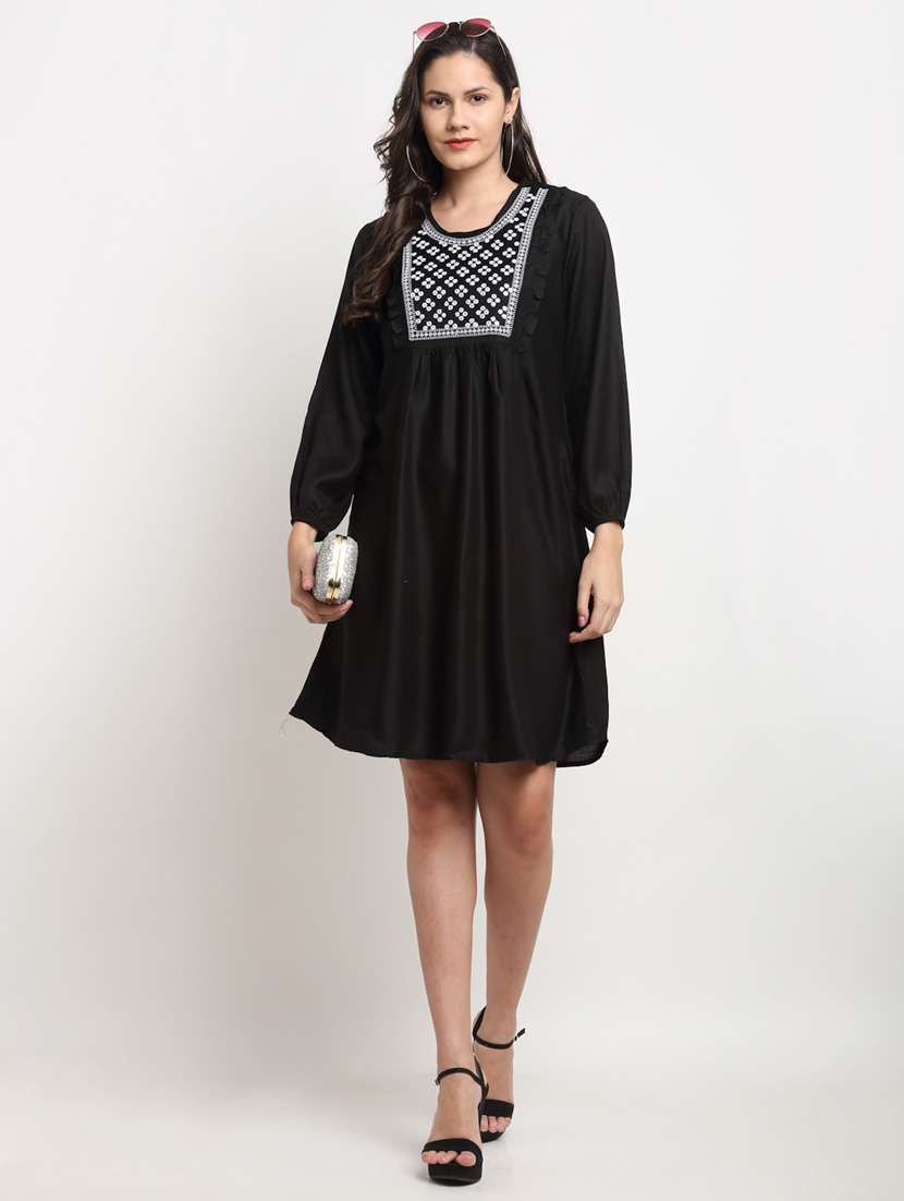 women black round neck a-line ethnic dress