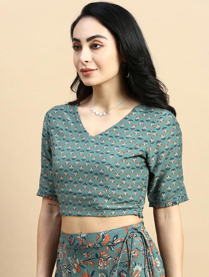 green printed stitched blouse - 21367162 - Standard Image - 1
