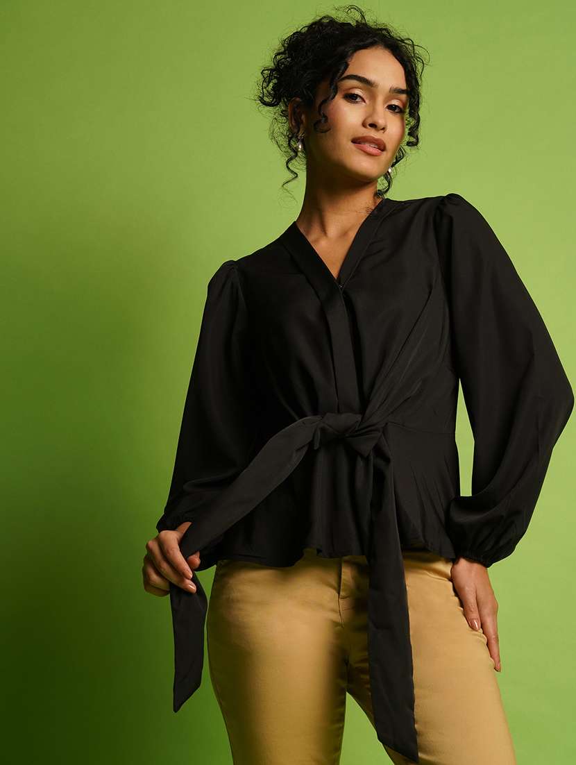 globus women black v-neck bishop sleeve crepe tie-up style workwear peplum top