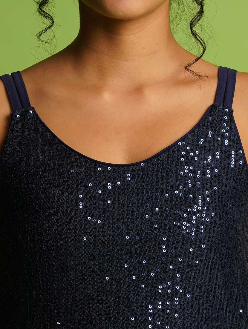 globus women navy blue round neck strappy shoulder sequined striped party top - 21367416 - Standard Image - 4