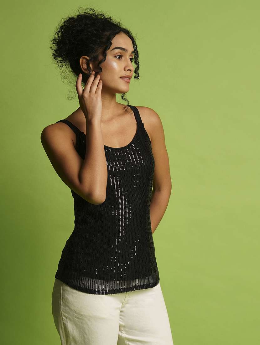 globus women black round neck strappy shoulder sequined striped party top - 21367418 -  Standard Image - 1