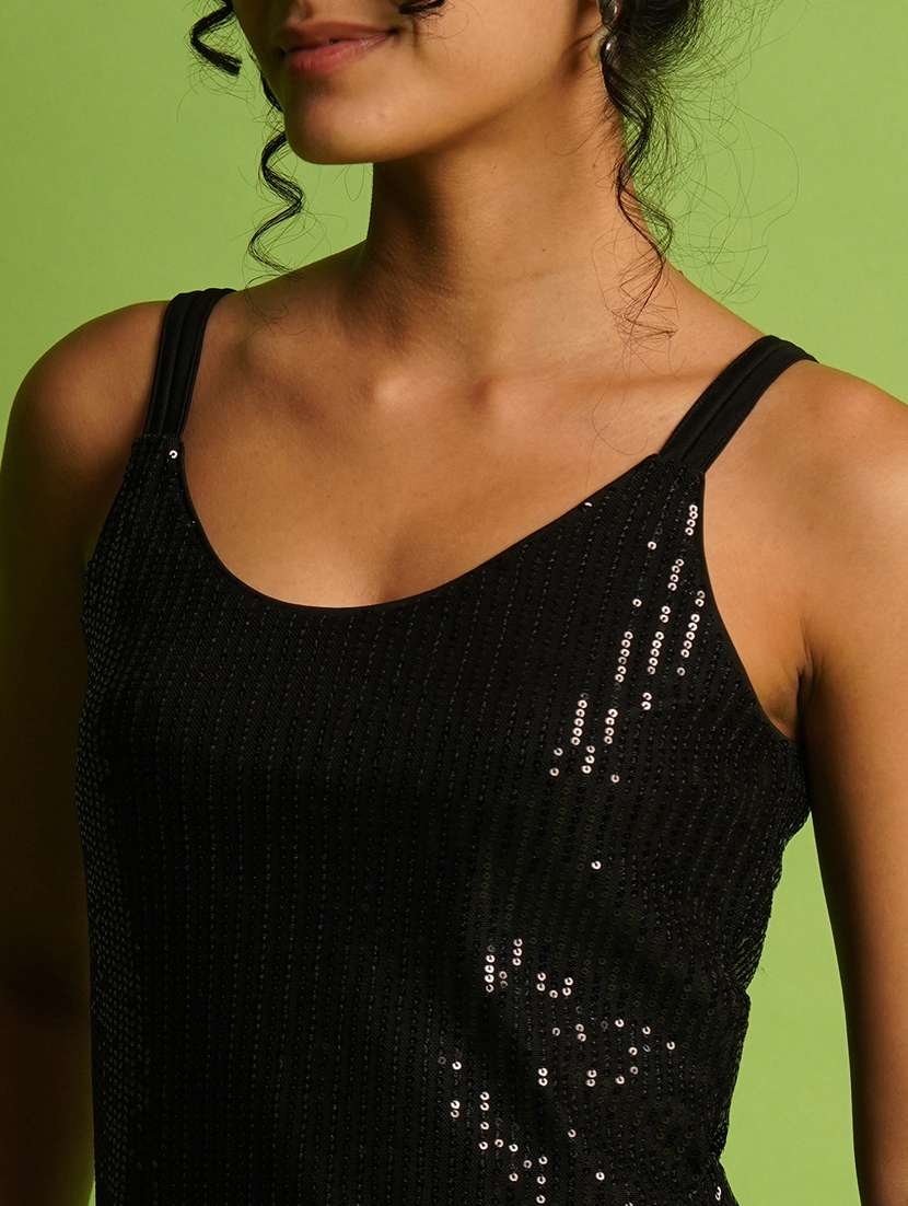 globus women black round neck strappy shoulder sequined striped party top - 21367418 -  Standard Image - 4