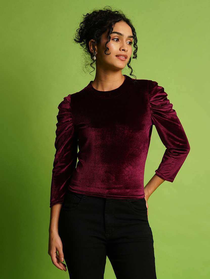 globus women burgundy velvet round neck puff sleeve party top