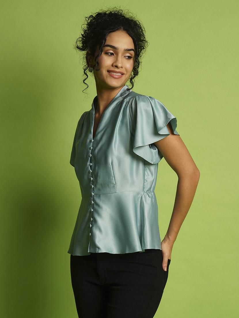 globus women blue v-neck flutter sleeve peplum top - 21367422 - Standard Image - 1