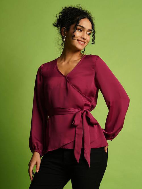 globus women purple solid v-wrap neck bishop sleeve waist tie-up satin workwear top - 21367424 - Standard Image - 0