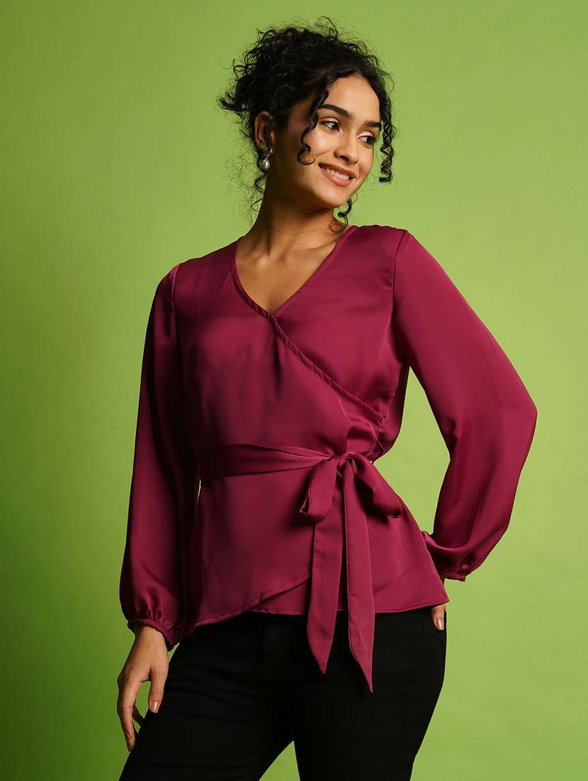 globus women purple solid v-wrap neck bishop sleeve waist tie-up satin workwear top - 21367424 - Zoom Image - 0
