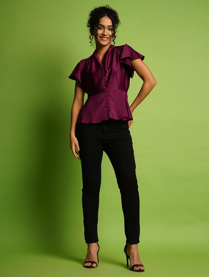 globus women purple v-neck flutter sleeve peplum top - 21367425 - Standard Image - 4
