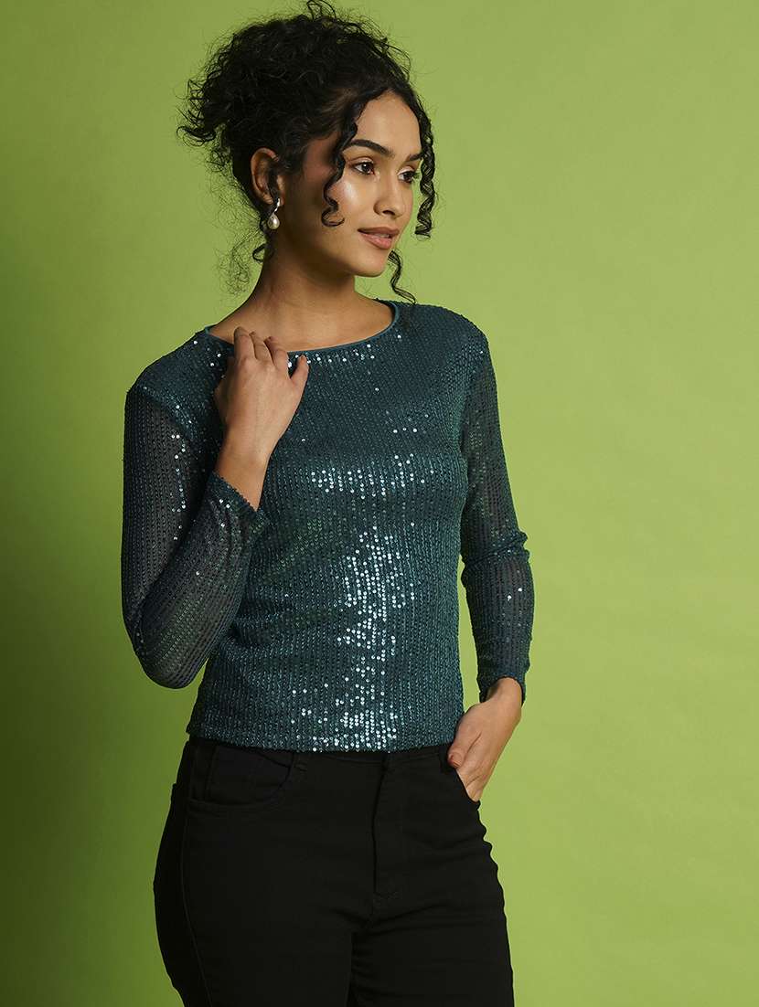 globus women teal embellished round neck sequined striped party top - 21367428 -  Zoom Image - 0