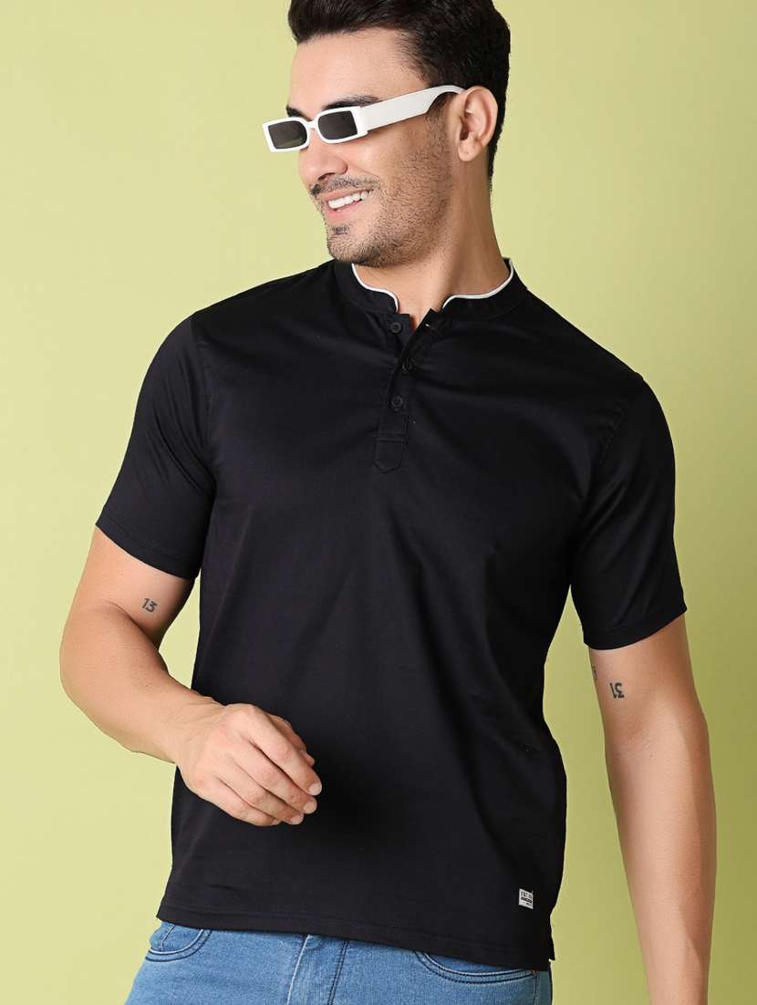 men black slim fit plain mandarin neck t-shirt - 21368268 -  Standard Image - 1