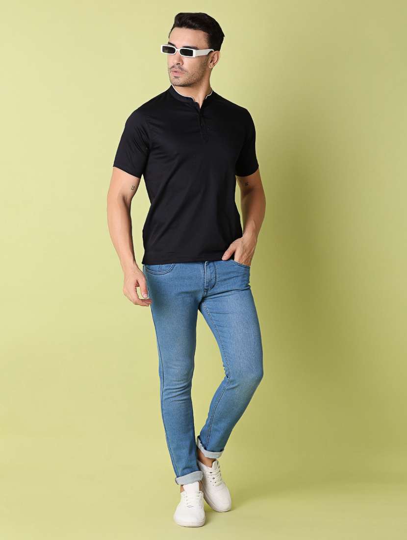 men black slim fit plain mandarin neck t-shirt - 21368268 -  Standard Image - 4