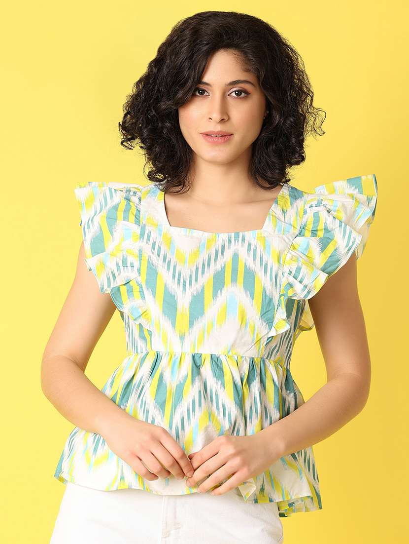 women green ikat printed flared top