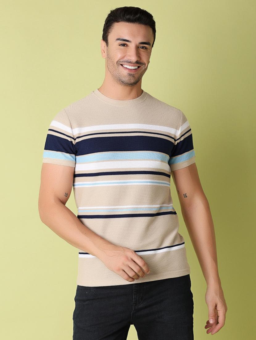 men beige regular fit stripes t-shirt