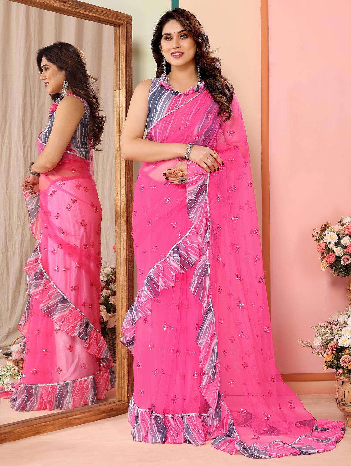 women pink solid with work ruffled saree with blouse - 21368742 - Zoom Image - 0