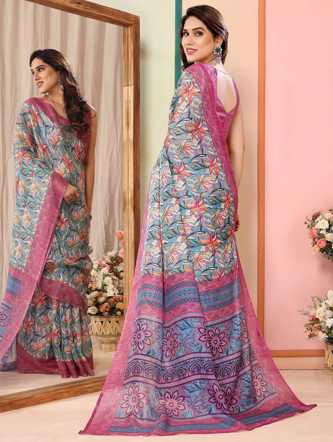 Women Floral Kota Doria Saree With Blouse - 21368746 -  Standard Image - 1