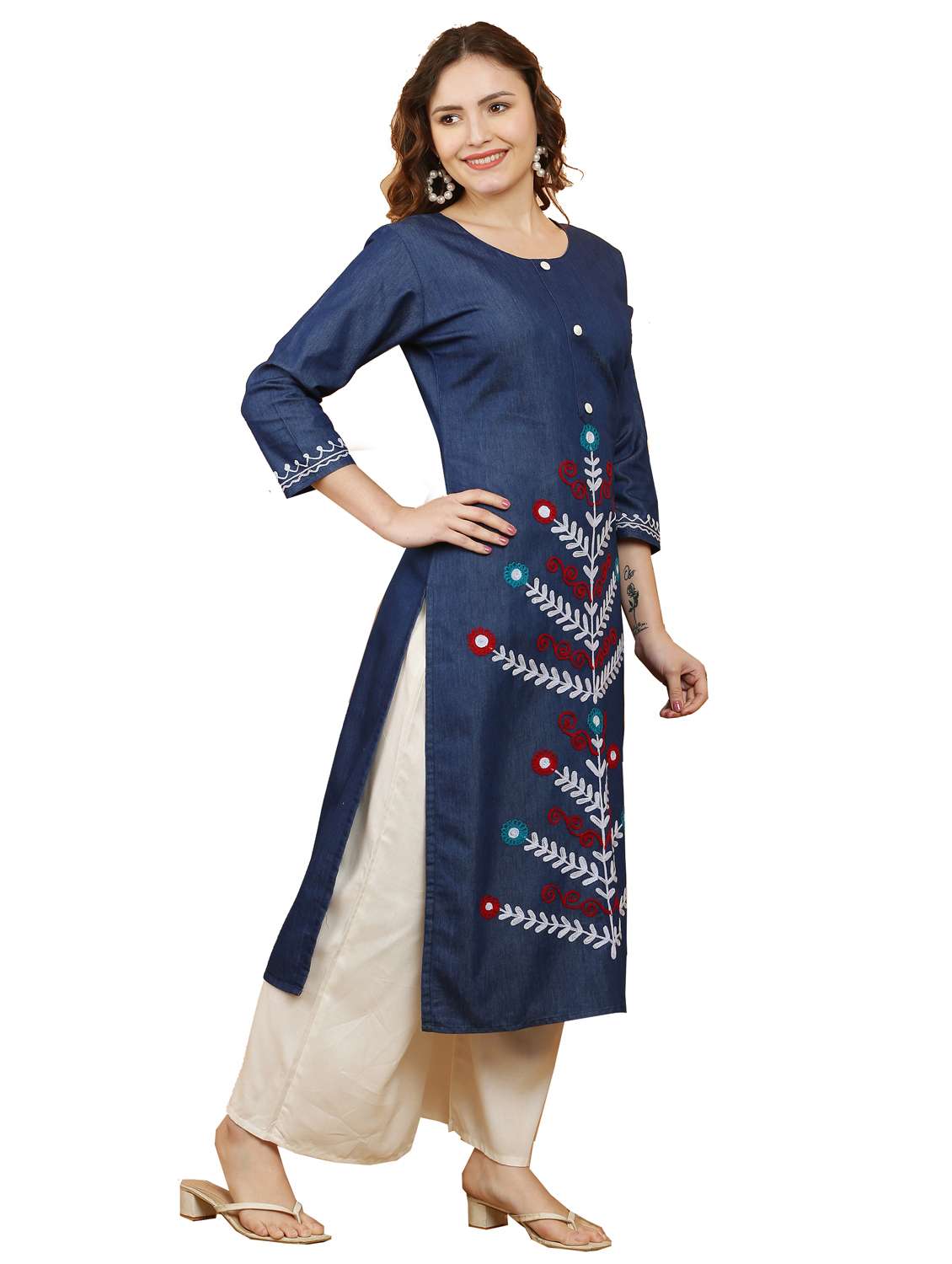 women three quarter sleeve straight kurta - 21368820 -  Standard Image - 1