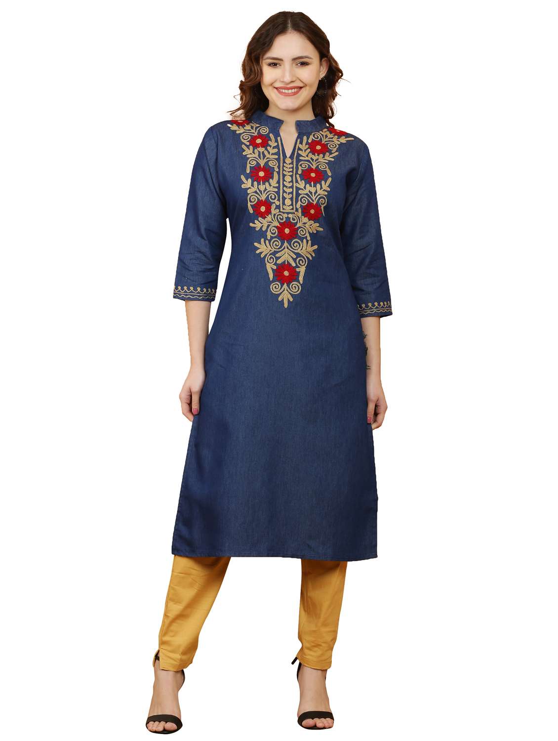 women three quarter sleeve straight kurta