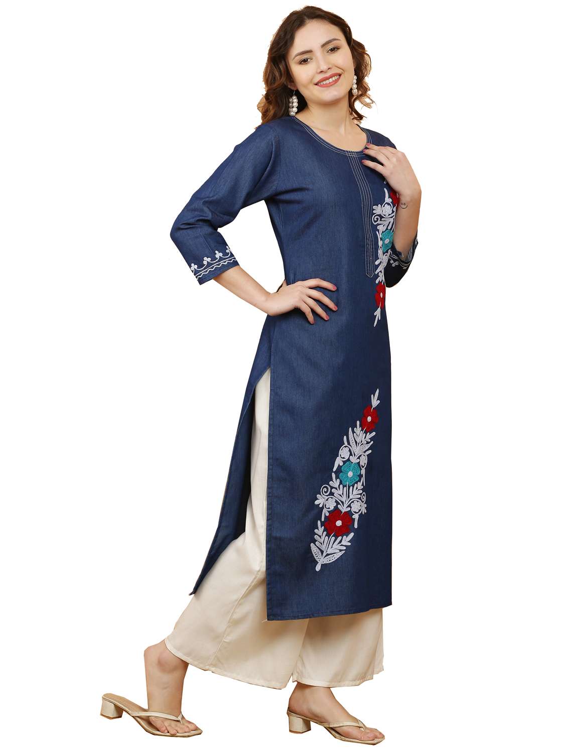 women three quarter sleeve straight kurta - 21368837 - Standard Image - 1