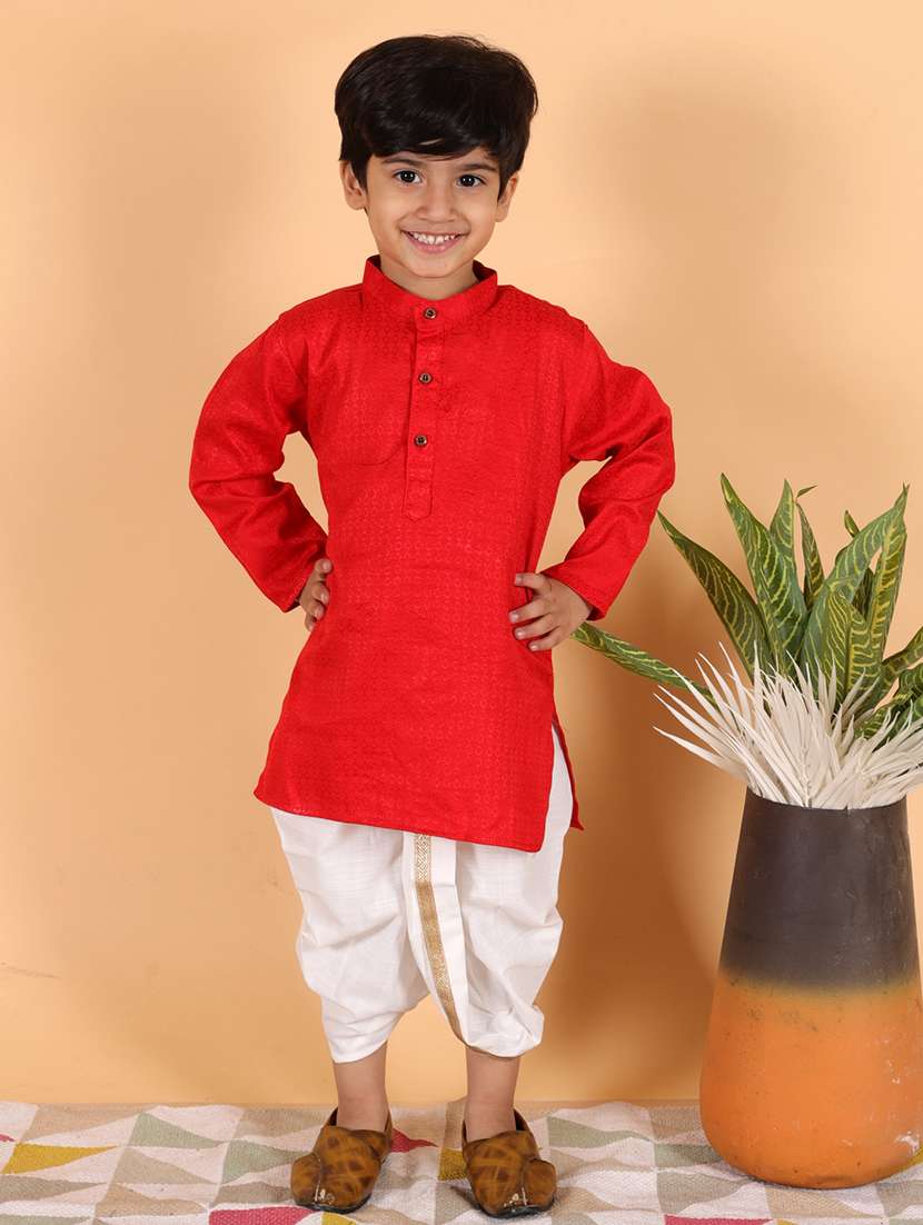 boys mandarin neck self design dhoti kurta set