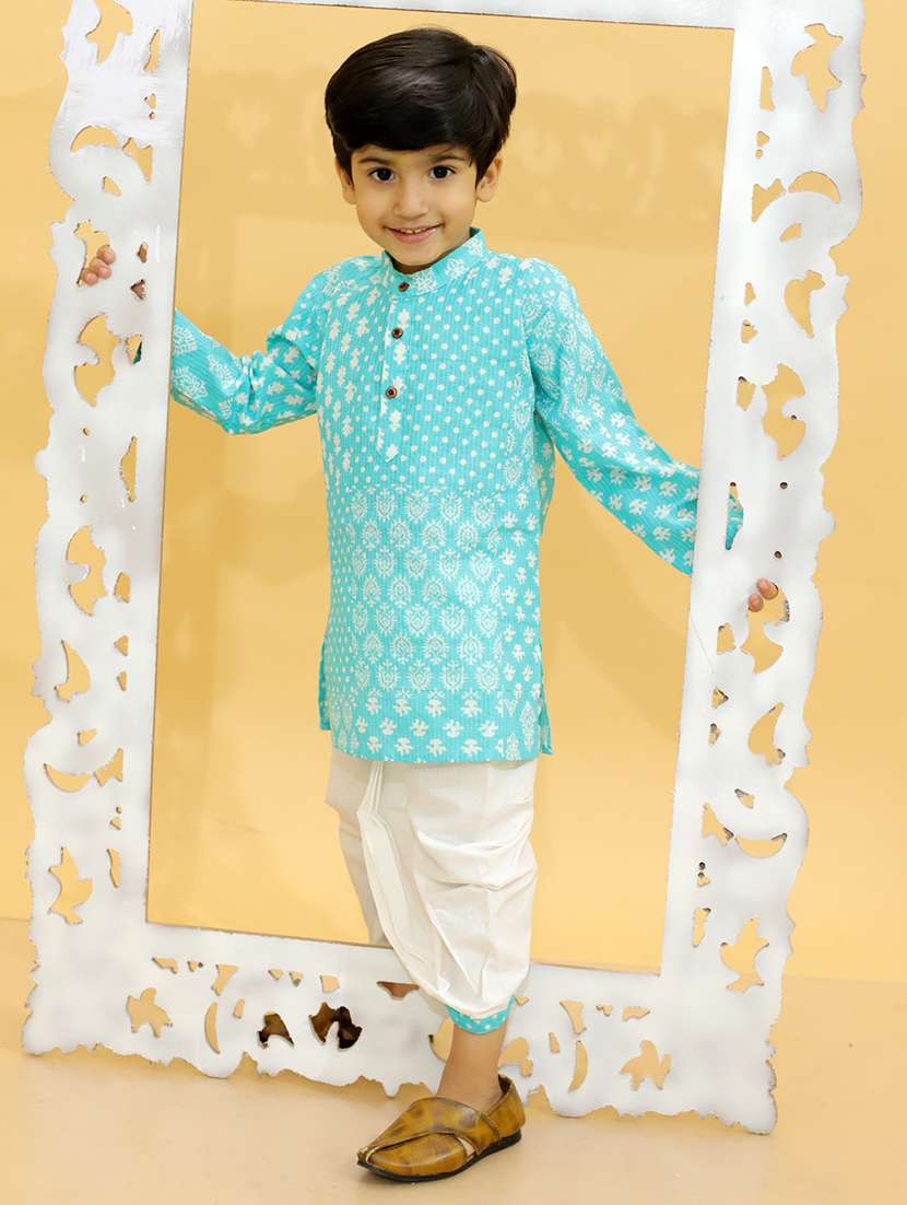boys mandarin neck printed dhoti kurta set