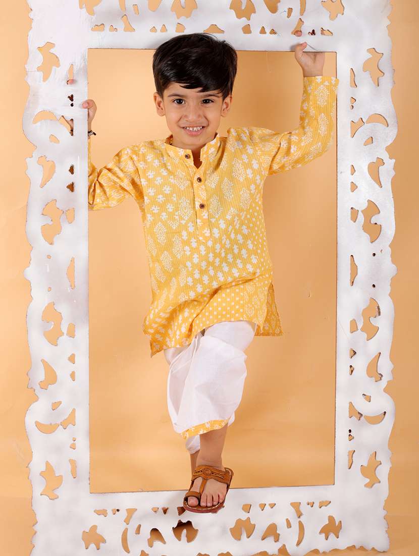 boys mandarin neck printed dhoti kurta set