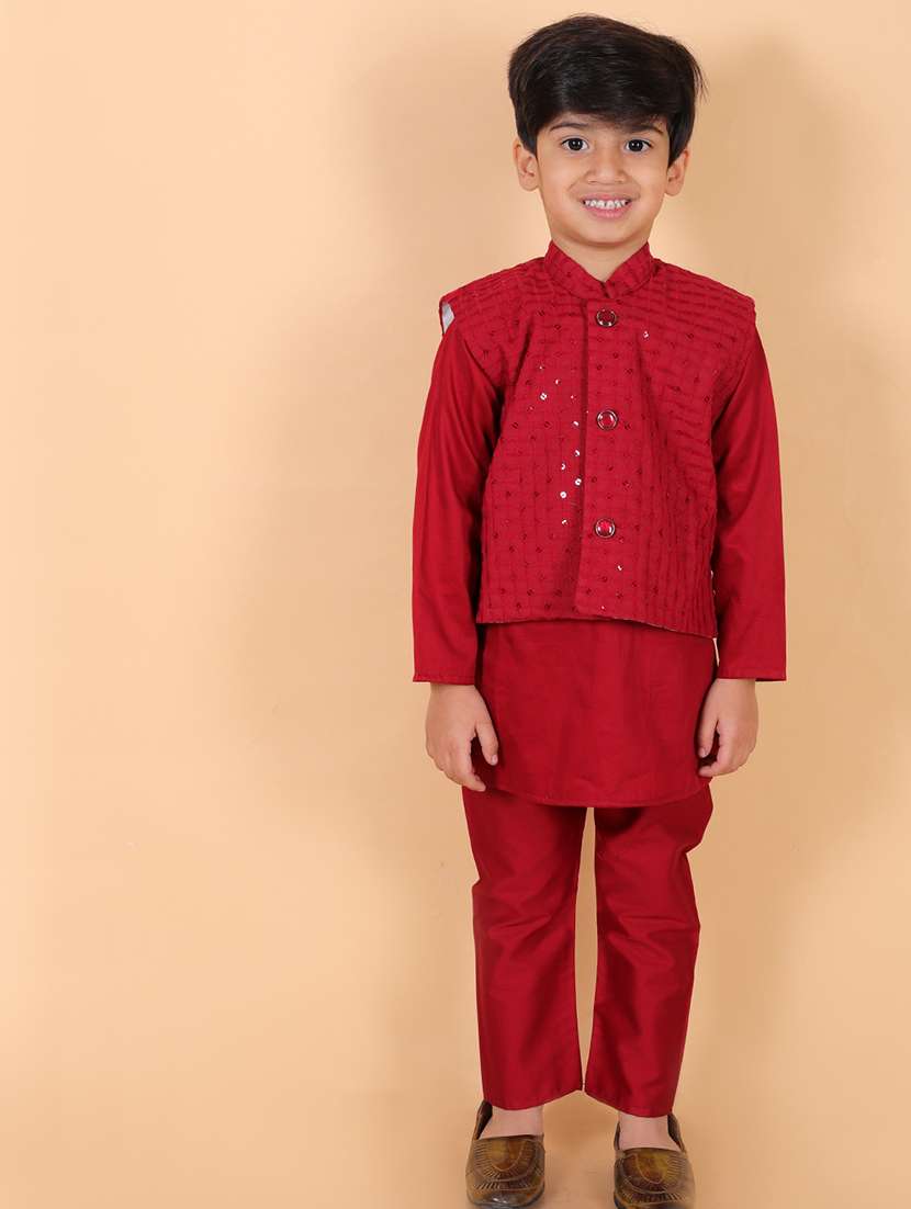 boys mandarin neck sequined kurta pyjama set with nehri jacket - 21368910 - Standard Image - 1
