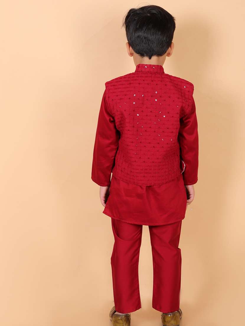 boys mandarin neck sequined kurta pyjama set with nehri jacket - 21368910 - Standard Image - 4