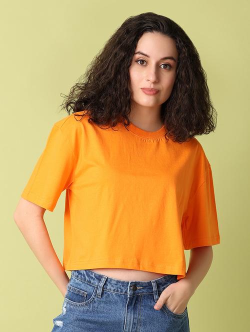 women orange solids crop t-shirt - 21369126 - Standard Image - 0