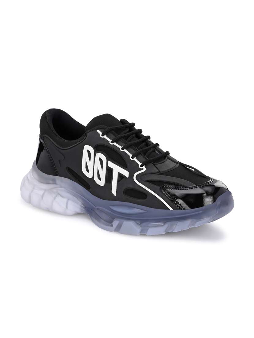 black synthetic lace up sneakers