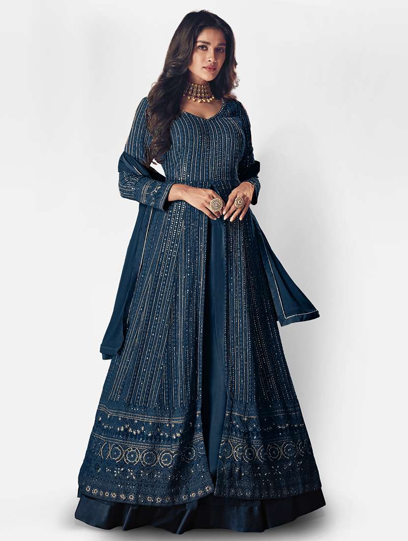 women embroidered kurta-skirt semi-stitched suit set