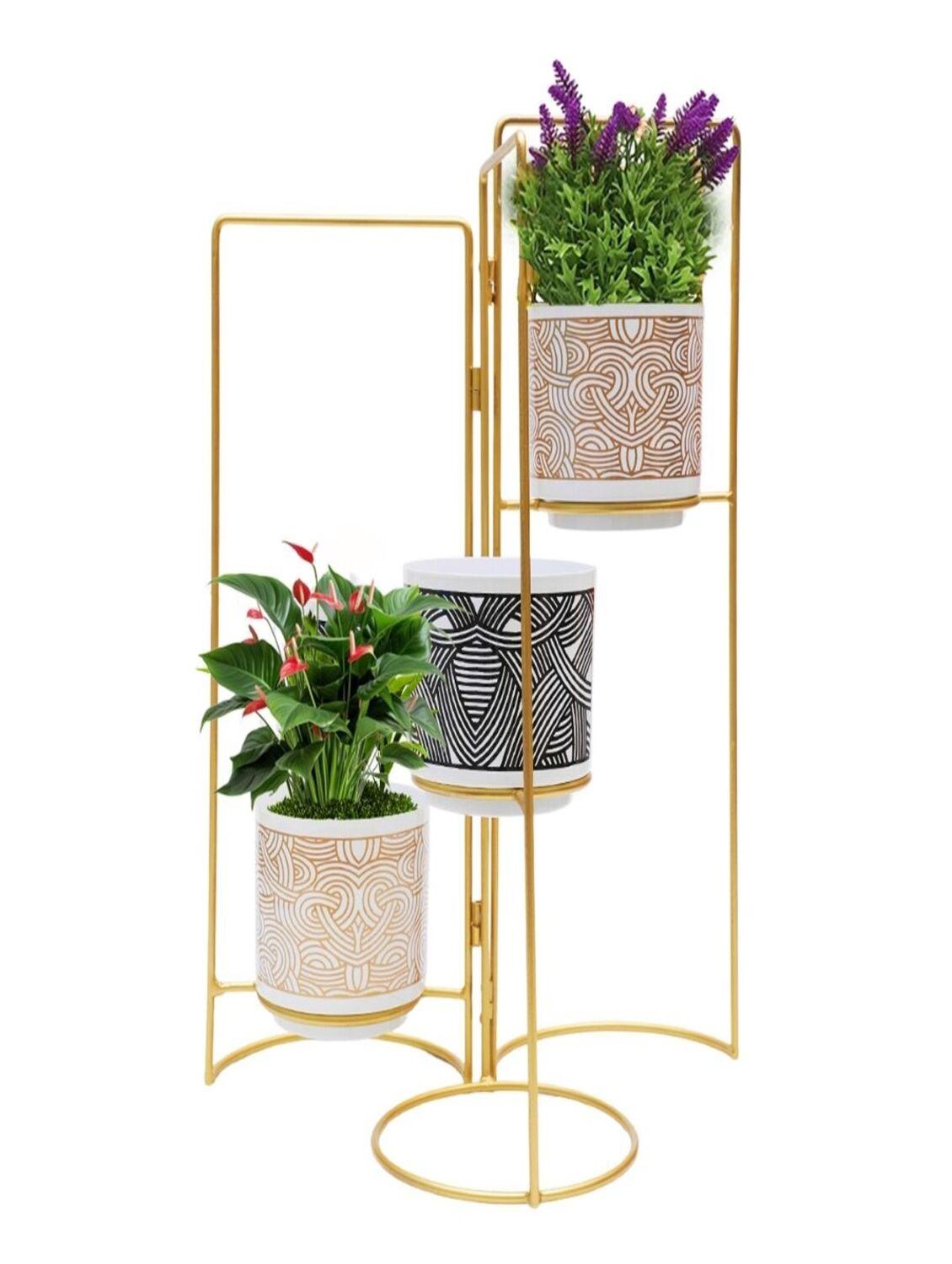 homssy folding stand with 3 pot, 52 cm elegant indoor/outdoor planters for home and garden decor ( 47 )