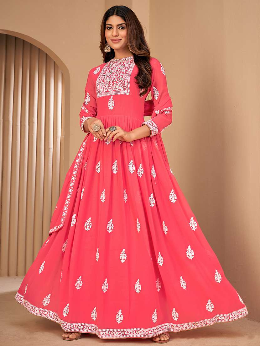 pink embroidered semi-stitched anarkali suit set