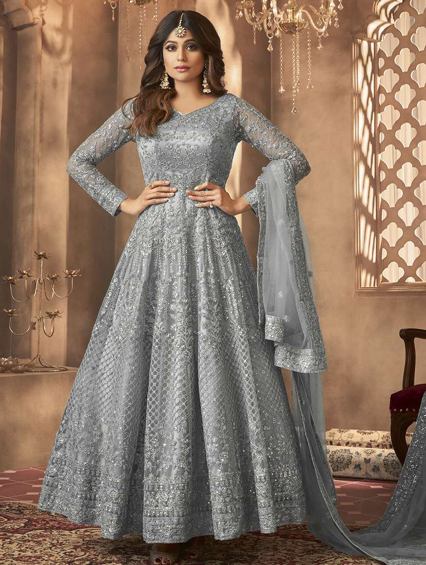 women grey semi-stitched anarkali suit