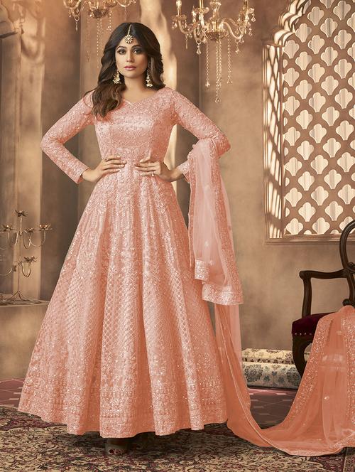 peach net semistitched suit - 21370507 - Standard Image - 0
