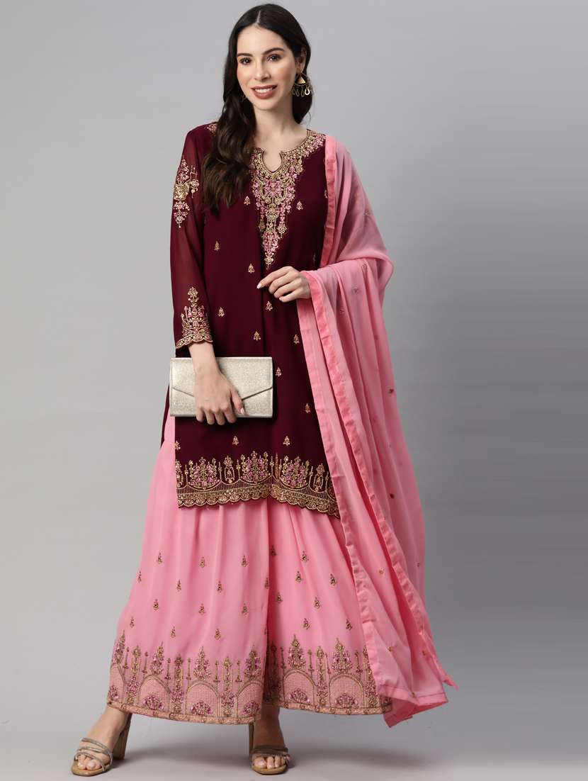 women maroon sharara suits semi-stitched suit
