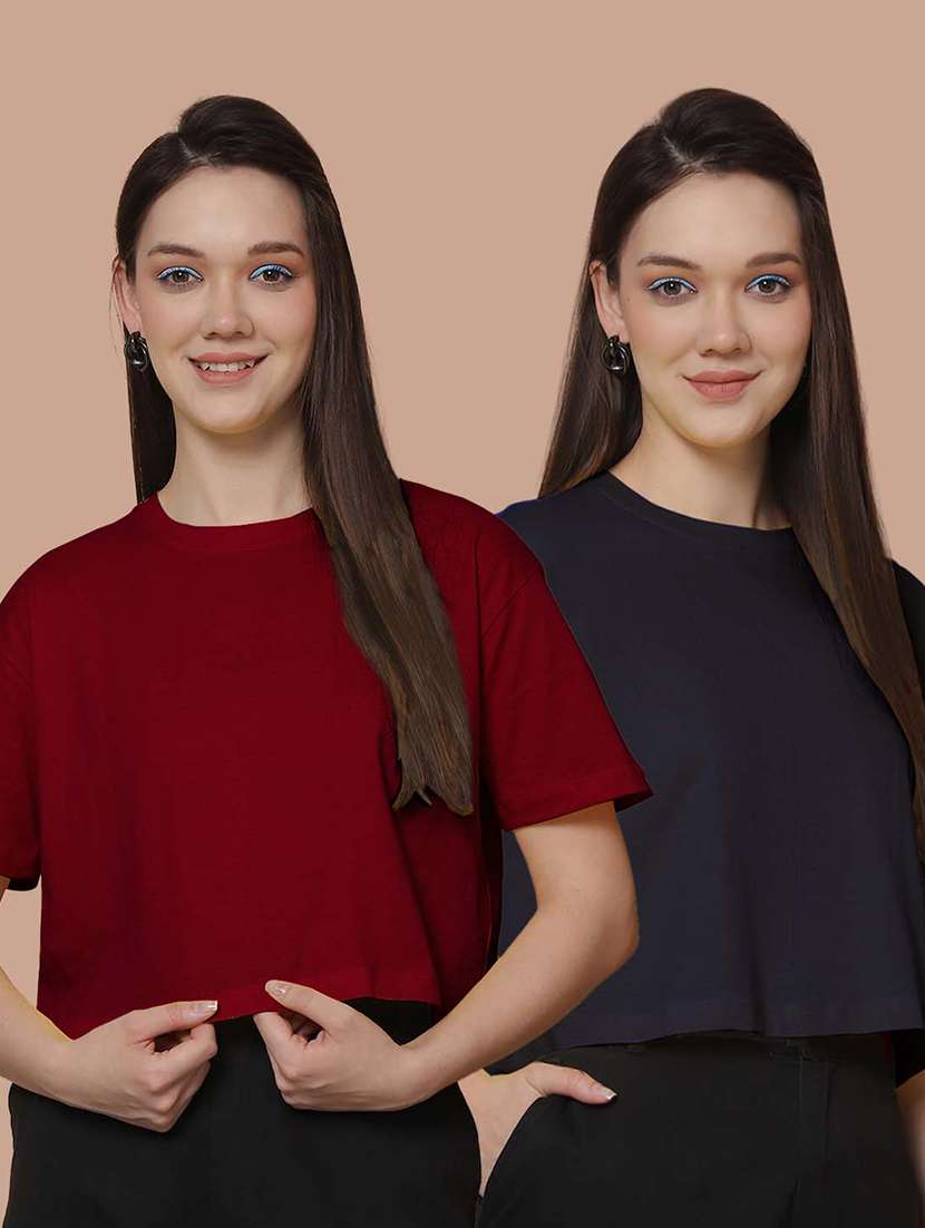 women pack of 2 solid crop t-shirt