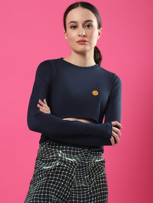 blue cut-out waist full sleeve activewear crop top - 21370926 -  Standard Image - 0