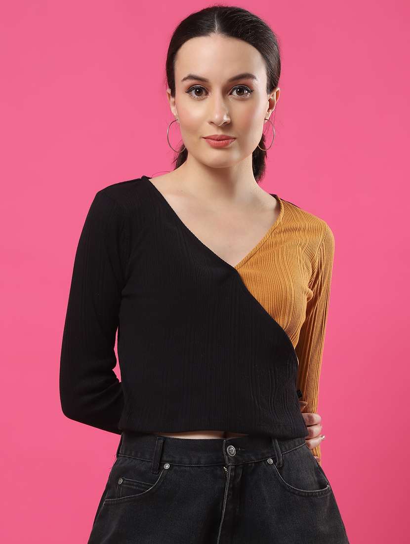women color blocked long sleeves crop top