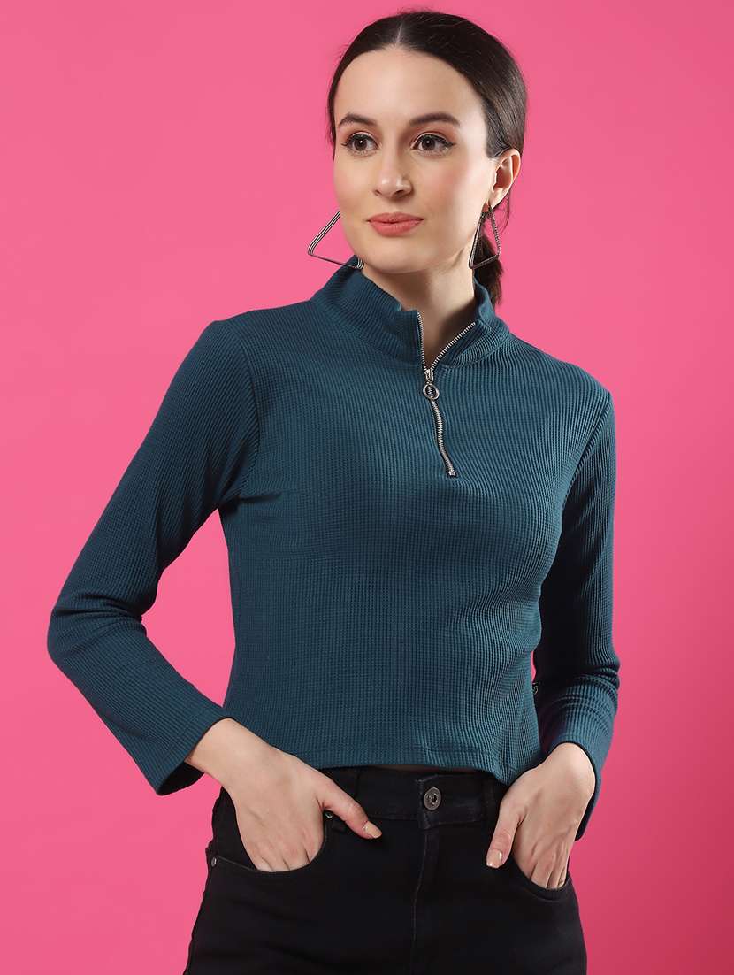 women solid mock neck long sleeves crop top - 21370932 -  Standard Image - 1