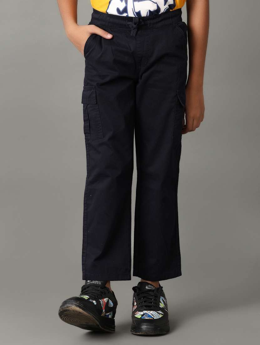 boys navy blue solids cargos trouser
