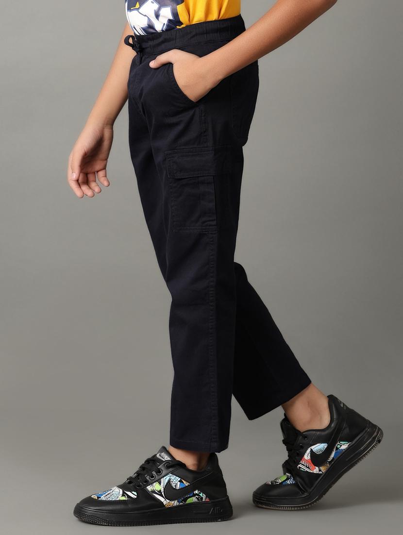 boys navy blue solids cargos trouser - 21371215 - Standard Image - 1