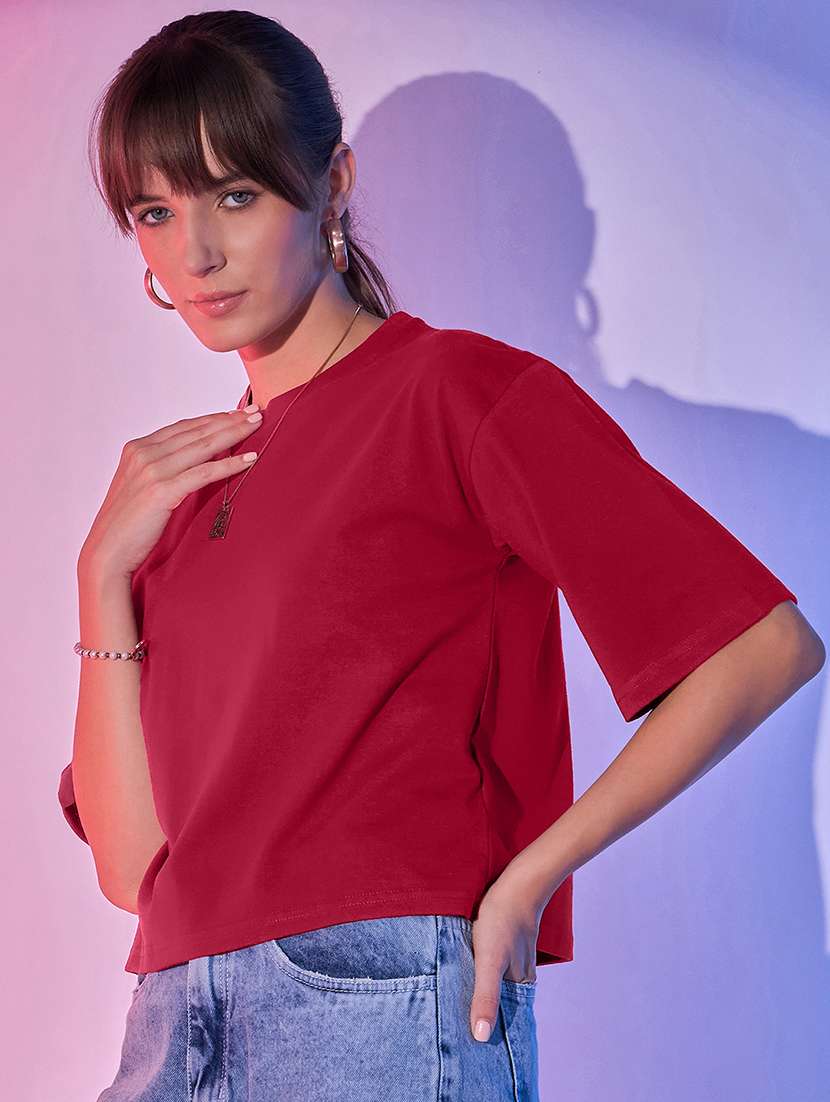 maroon cotton boxy tshirt - 21371405 -  Standard Image - 1
