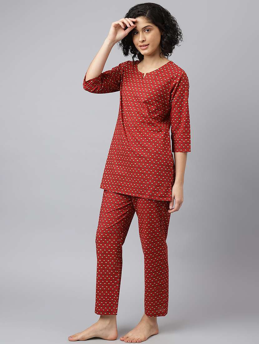 women notch neck printed pyjama nightwear set - 21371662 -  Standard Image - 1
