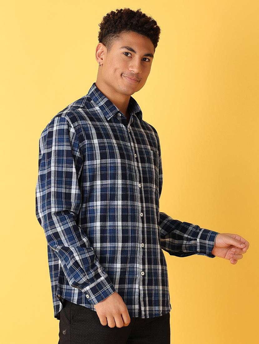 men navy blue regular fit checkered casual shirt - 21371957 -  Standard Image - 1