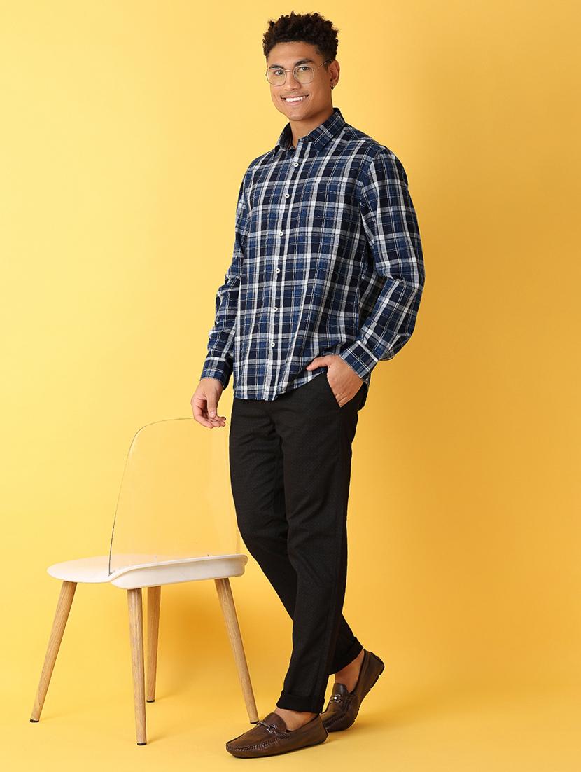 men navy blue regular fit checkered casual shirt - 21371957 - Standard Image - 4