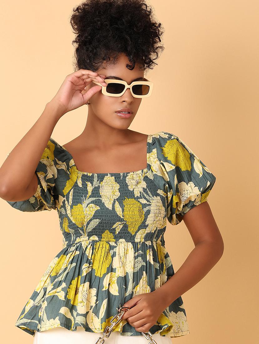 women printed smocked detailed peplum top - 21372008 - Standard Image - 1